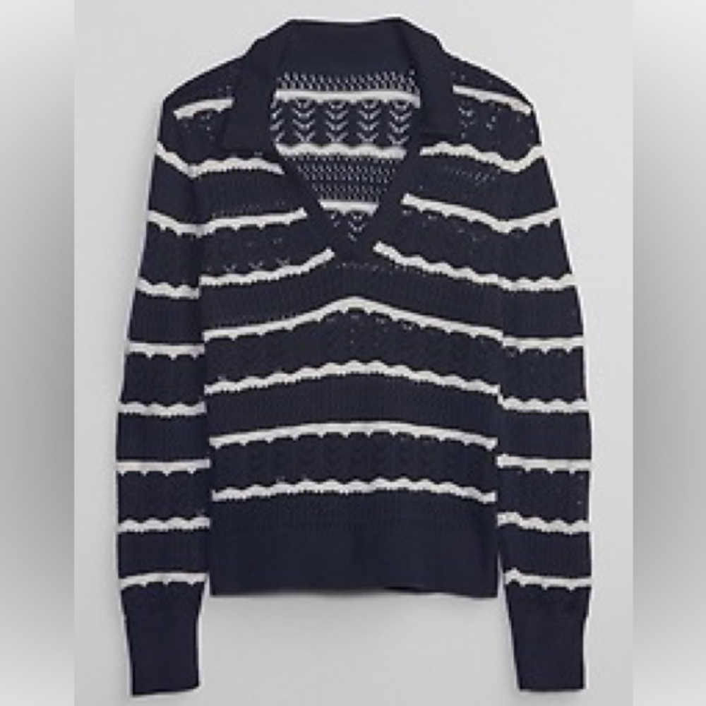 GAP Crochet Collared V-Neck Ribbed Sweater Navy/White Stripes Size XL Cotton